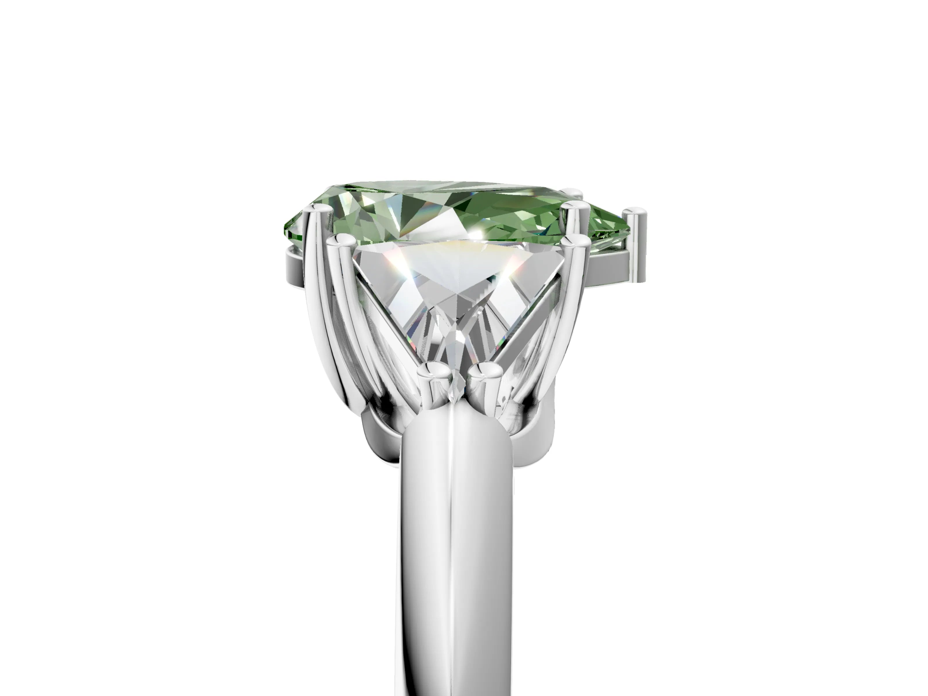 White gold Three-Stone Fancy Green Pear Cut Cut Diamond Ring with Trillion Side Stones and Four-Prong Setting_16