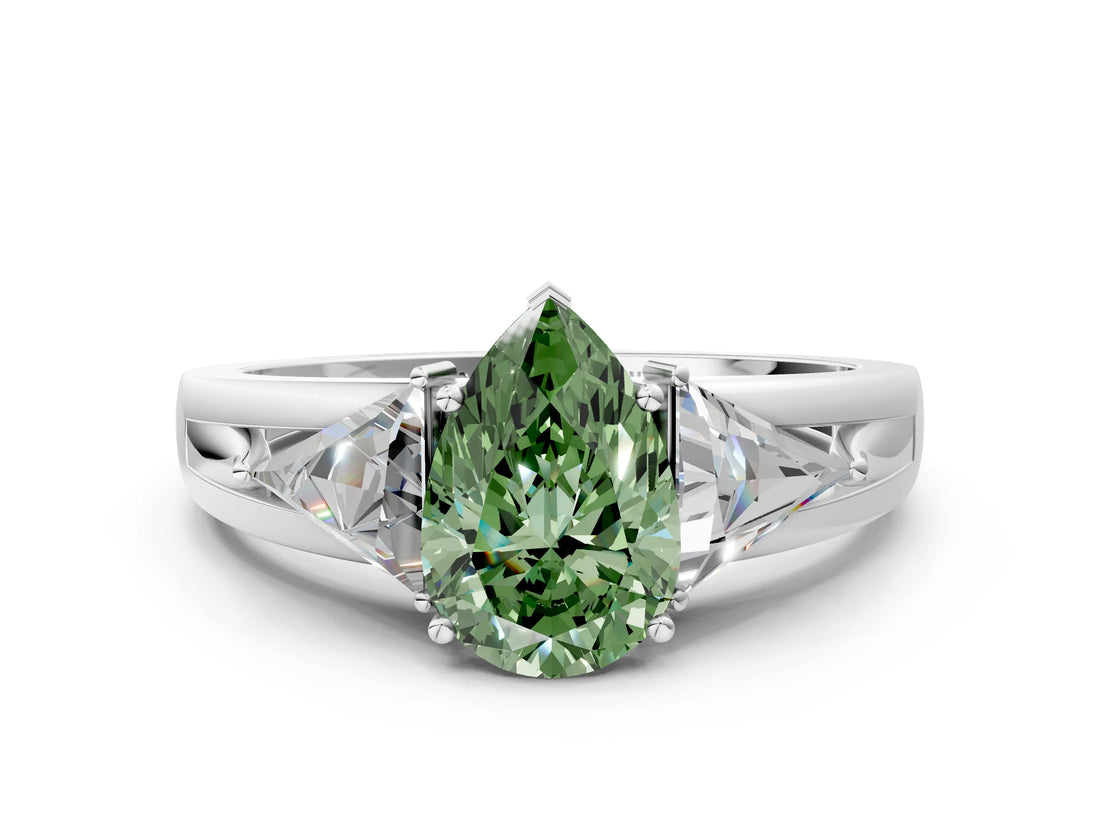 White gold Three-Stone Fancy Green Pear Cut Cut Diamond Ring with Trillion Side Stones on a Split Shank Band