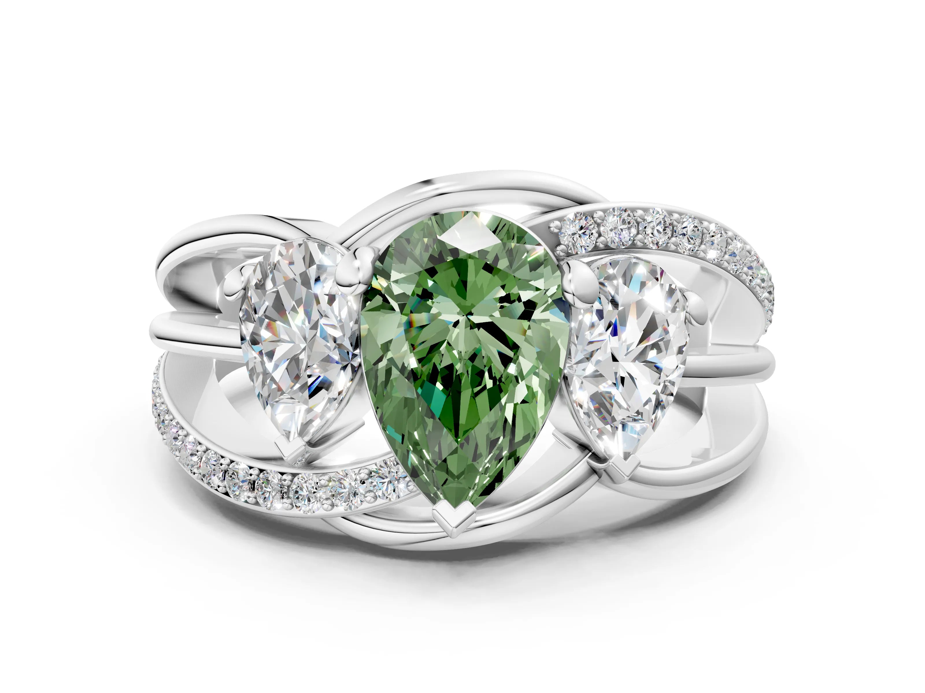 White gold Three-Stone Fancy Green Pear Cut Cut Diamond Split Shank Prong Set Ring