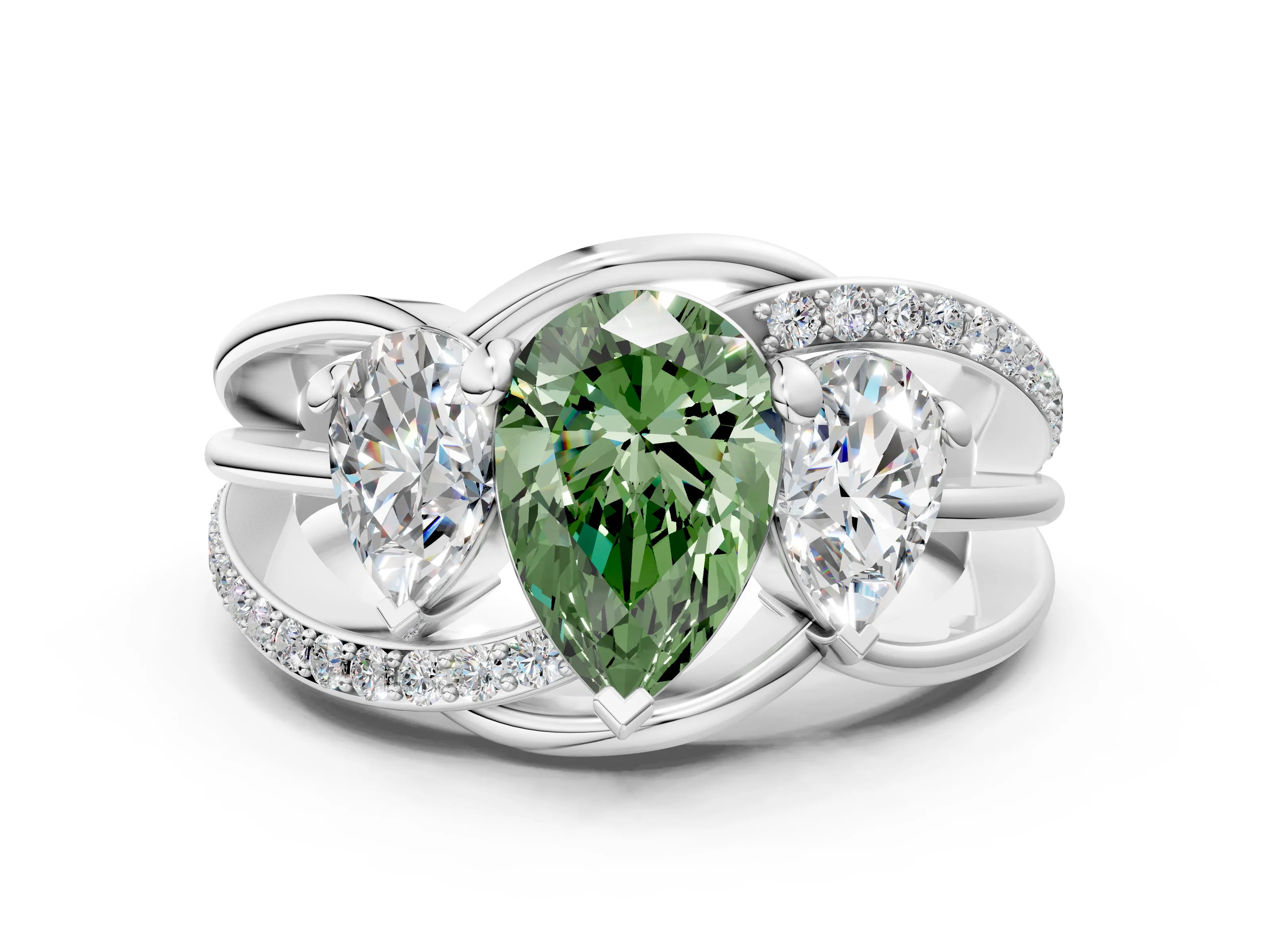 White gold Three-Stone Fancy Green Pear Cut Cut Diamond Split Shank Prong Set Ring_12