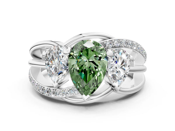 Sterling Silver Pear-Shaped Three Stone Split Shank Engagement Ring Setting for Fancy Green Center