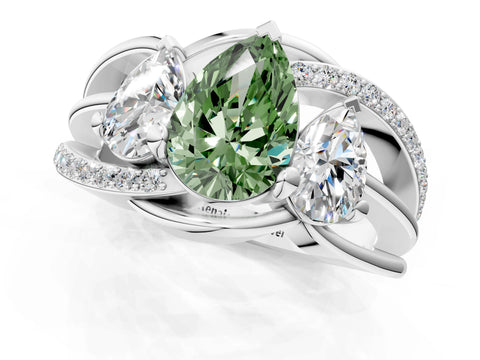 White gold Three-Stone Fancy Green Pear Cut Cut Diamond Split Shank Prong Set Ring_13