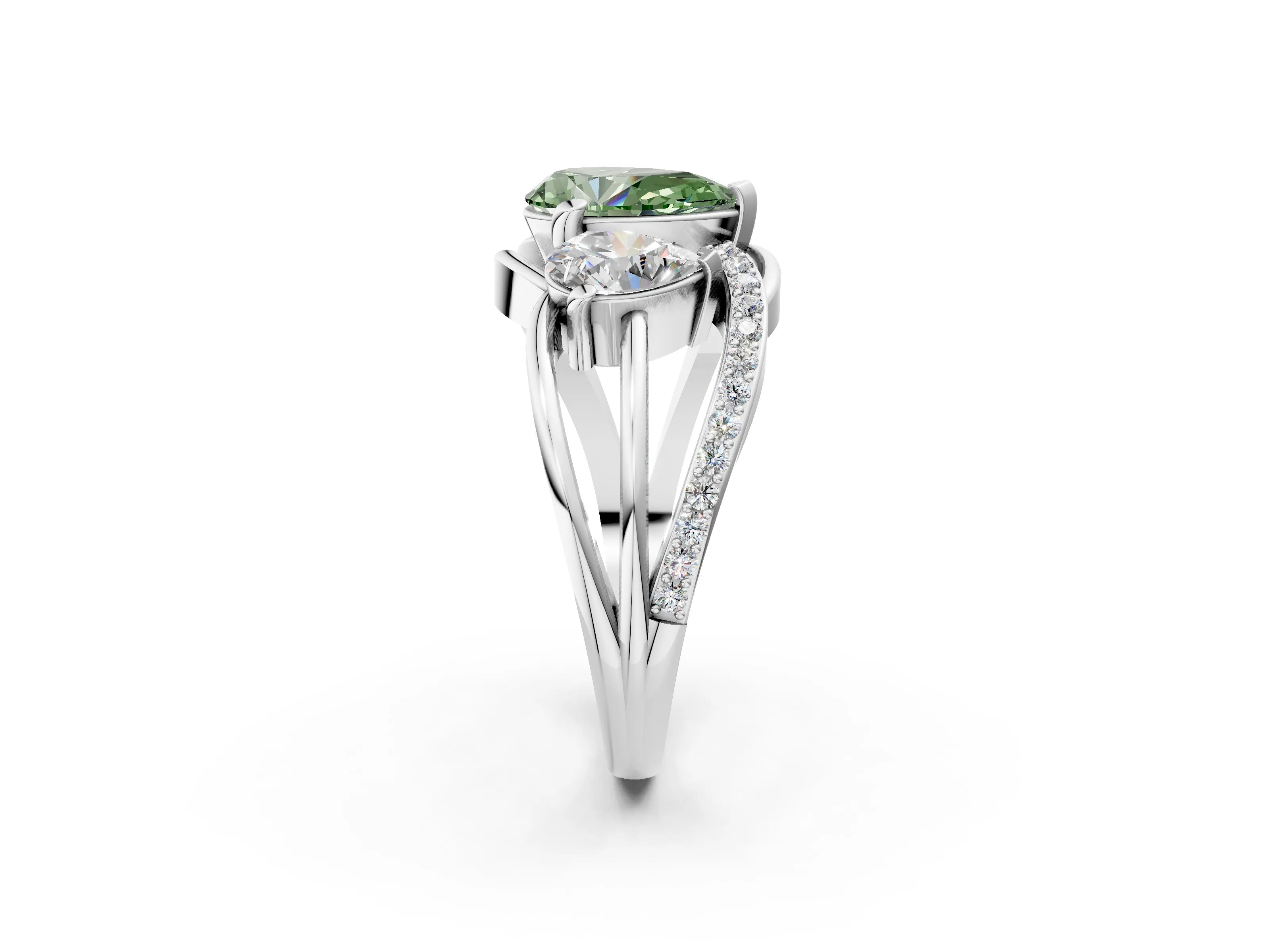 White gold Three-Stone Fancy Green Pear Cut Cut Diamond Split Shank Prong Set Ring_14