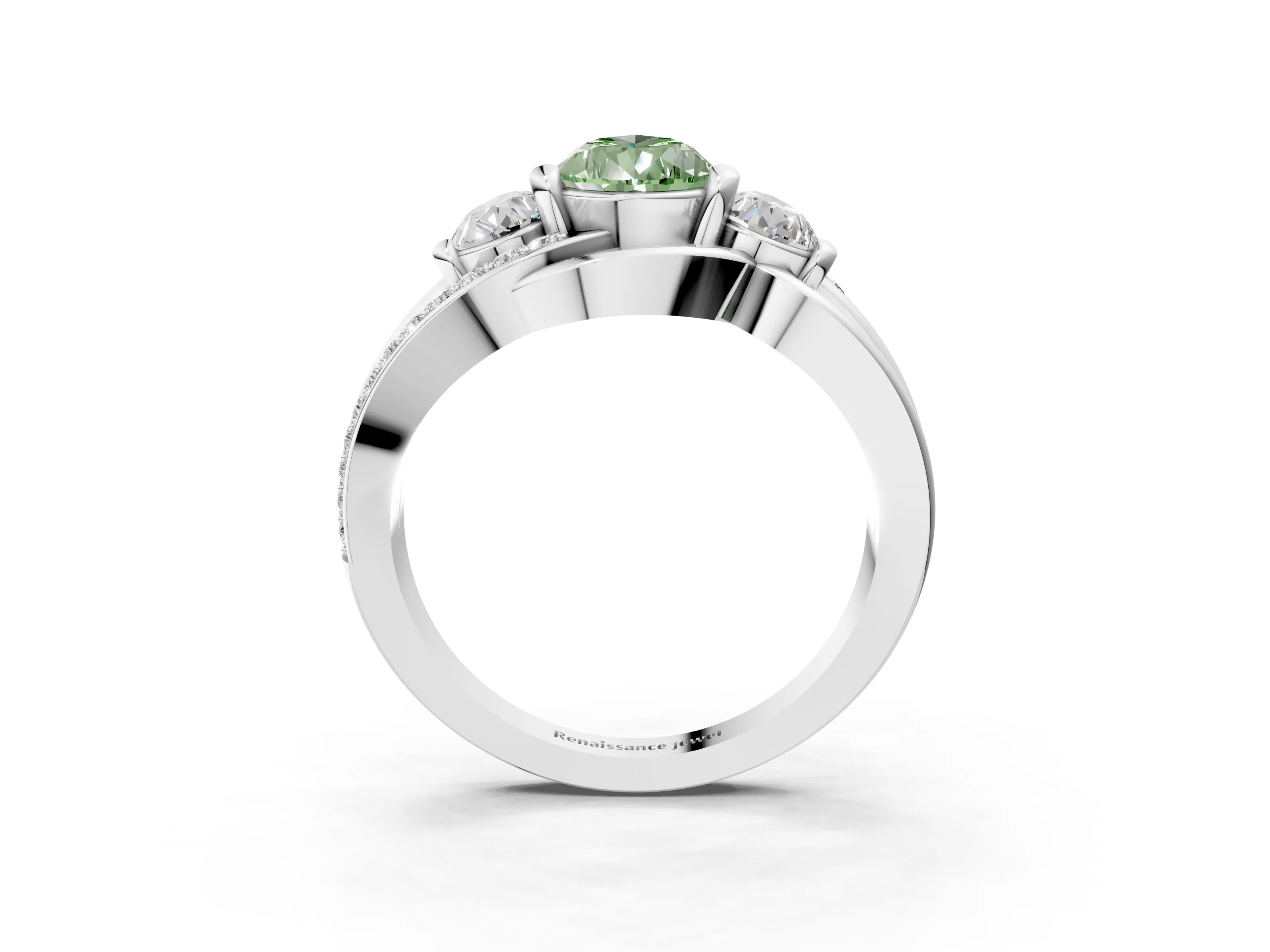 White gold Three-Stone Fancy Green Pear Cut Cut Diamond Split Shank Prong Set Ring_15
