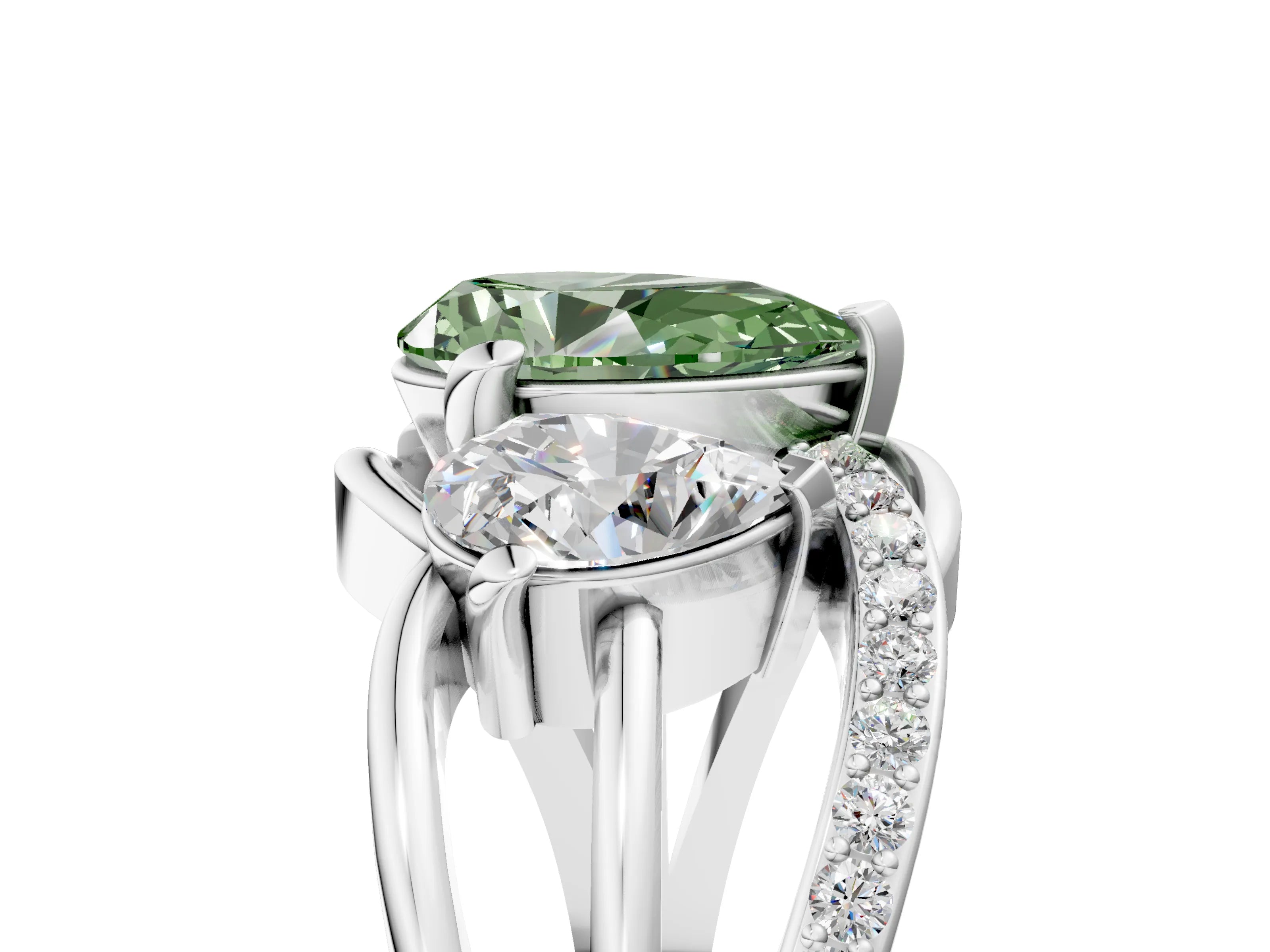 White gold Three-Stone Fancy Green Pear Cut Cut Diamond Split Shank Prong Set Ring_17