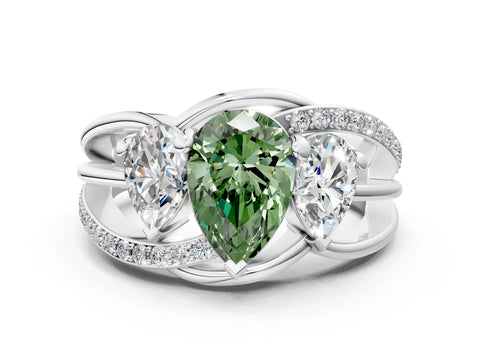 White gold Three-Stone Fancy Green Pear Cut Cut Diamond Split Shank Prong Set Ring