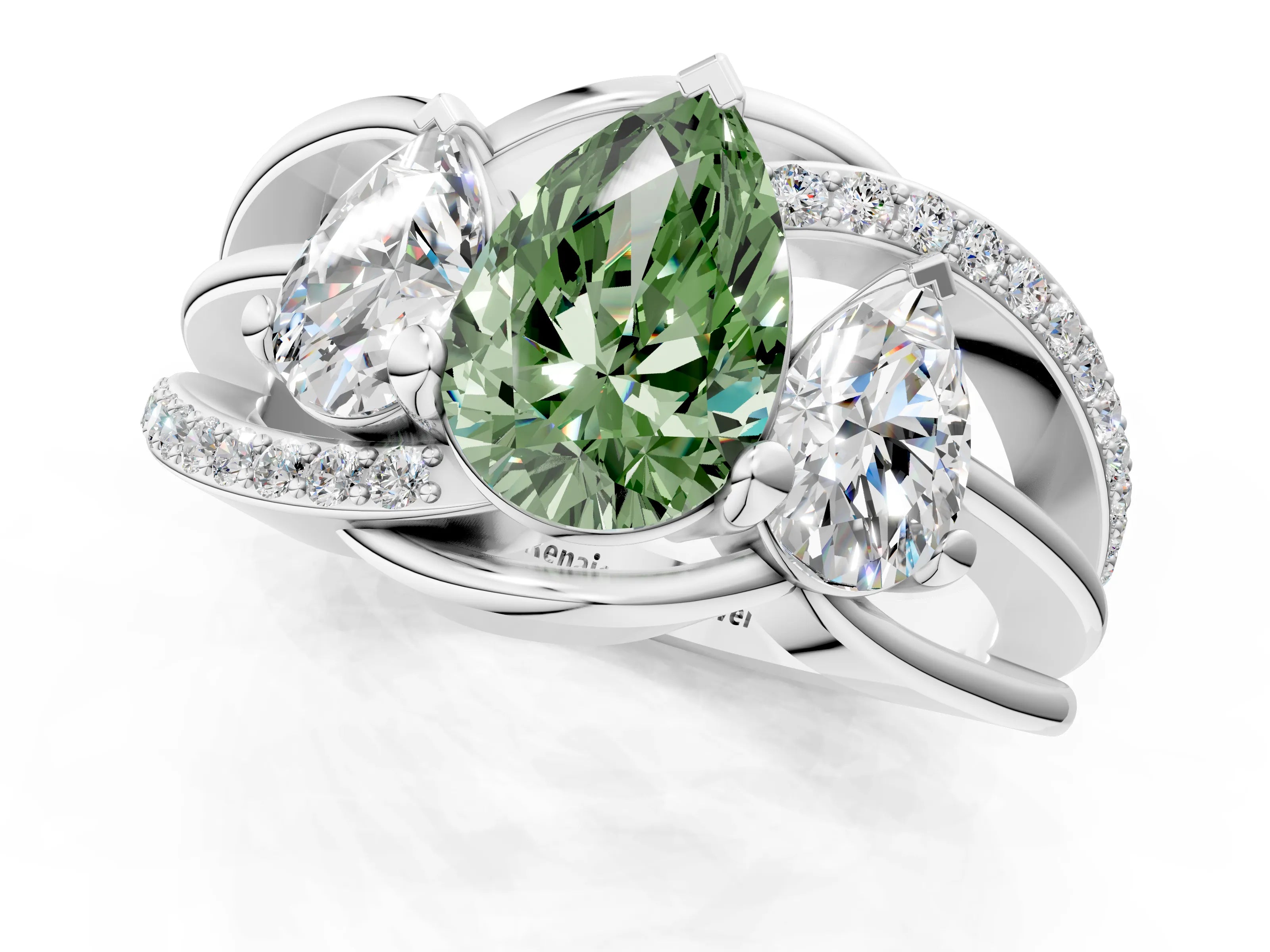 White gold Three-Stone Fancy Green Pear Cut Cut Diamond Split Shank Prong Set Ring_1