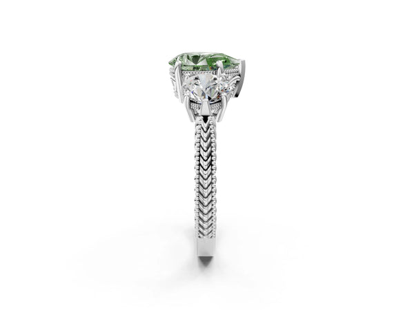 White Gold Pear-Shaped Vintage Three Stone Engagement Ring Setting for Fancy Green Center