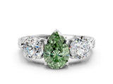 White gold Three-Stone Fancy Green Pear Cut Cut Milgrain Band Prong Setting Ring