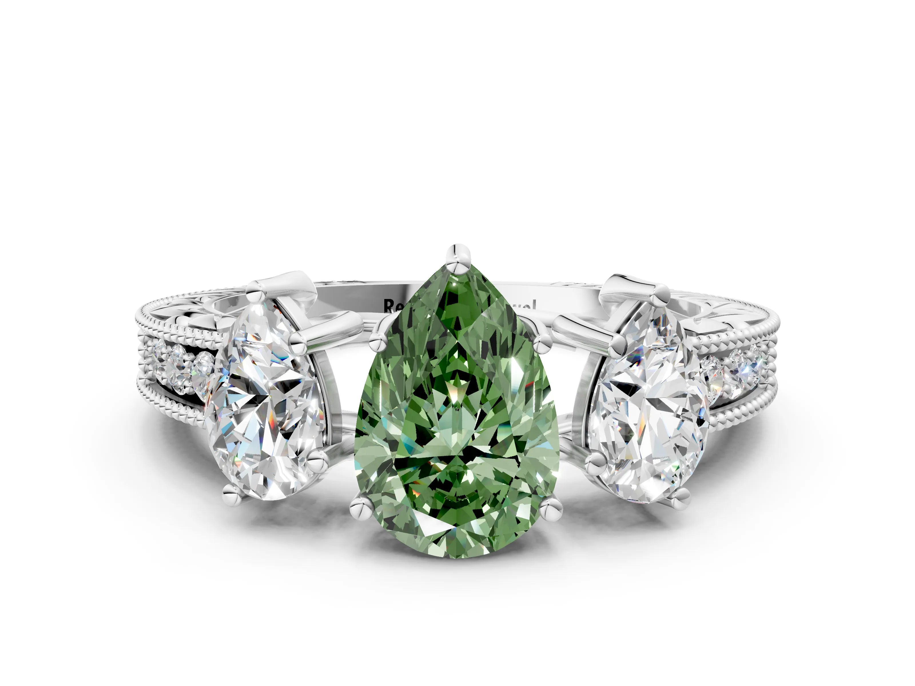 White gold Three-Stone Fancy Green Pear Cut Cut Milgrain Pavé Engagement Ring_12