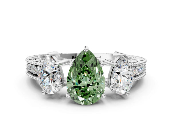 White gold Three-Stone Fancy Green Pear Cut Cut Milgrain Pavé Engagement Ring