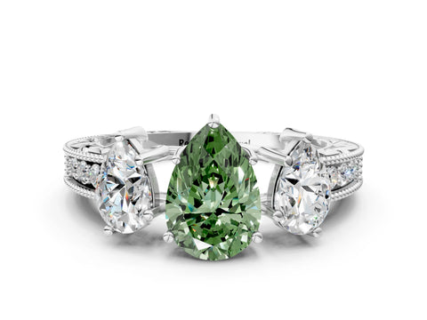 White gold Three-Stone Fancy Green Pear Cut Cut Milgrain Pavé Engagement Ring_12
