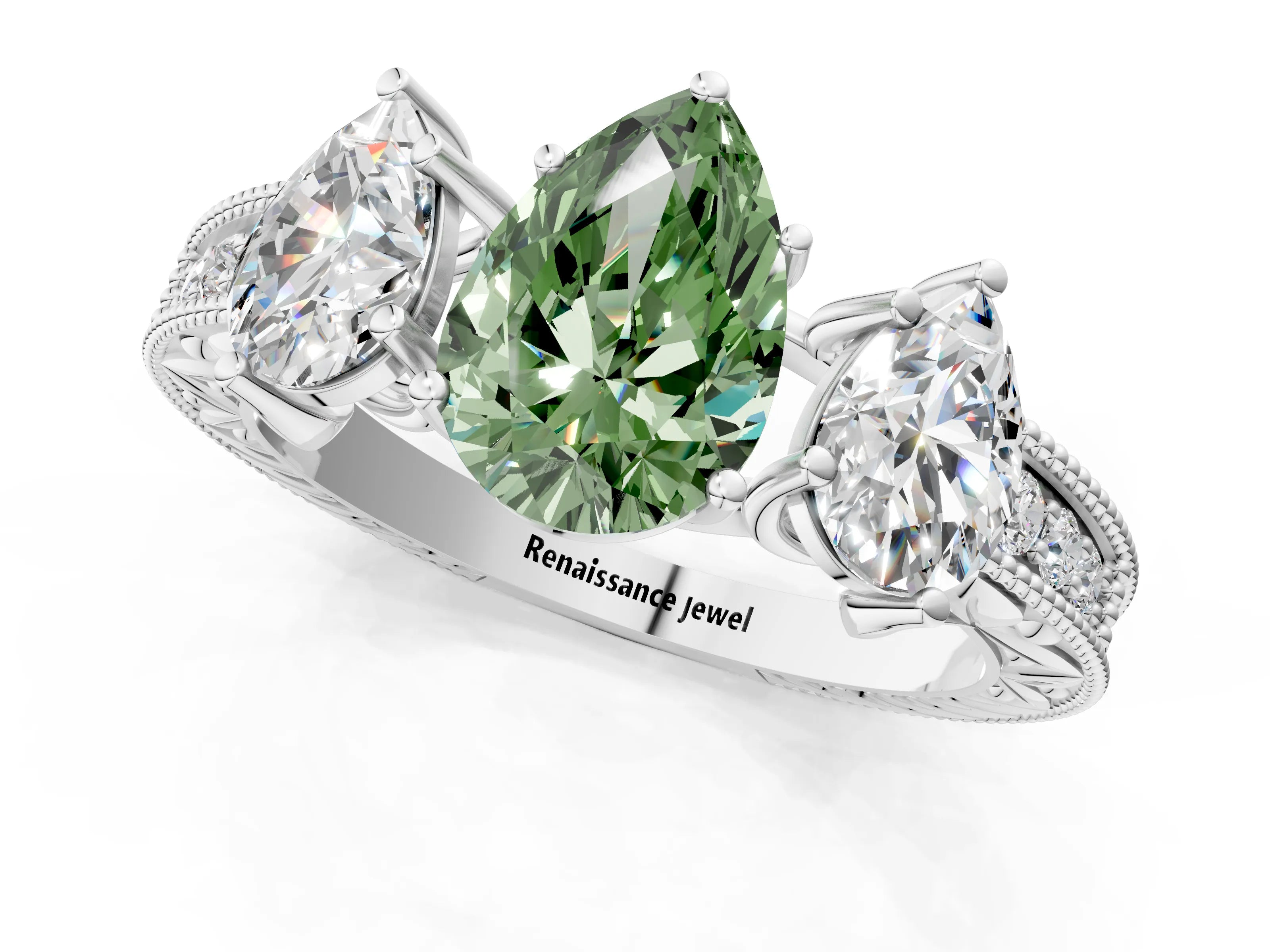 White gold Three-Stone Fancy Green Pear Cut Cut Milgrain Pavé Engagement Ring_13