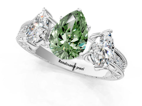 White gold Three-Stone Fancy Green Pear Cut Cut Milgrain Pavé Engagement Ring_13