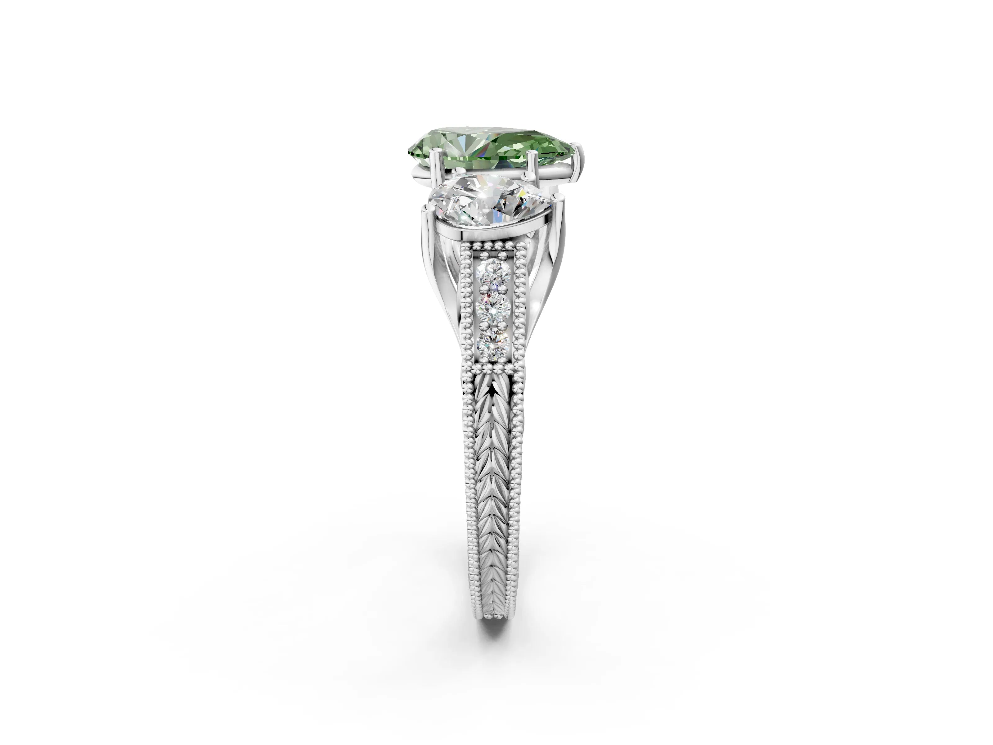 White gold Three-Stone Fancy Green Pear Cut Cut Milgrain Pavé Engagement Ring_14