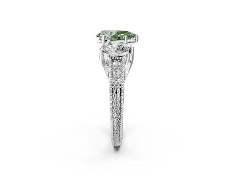 White gold Three-Stone Fancy Green Pear Cut Cut Milgrain Pavé Engagement Ring_14