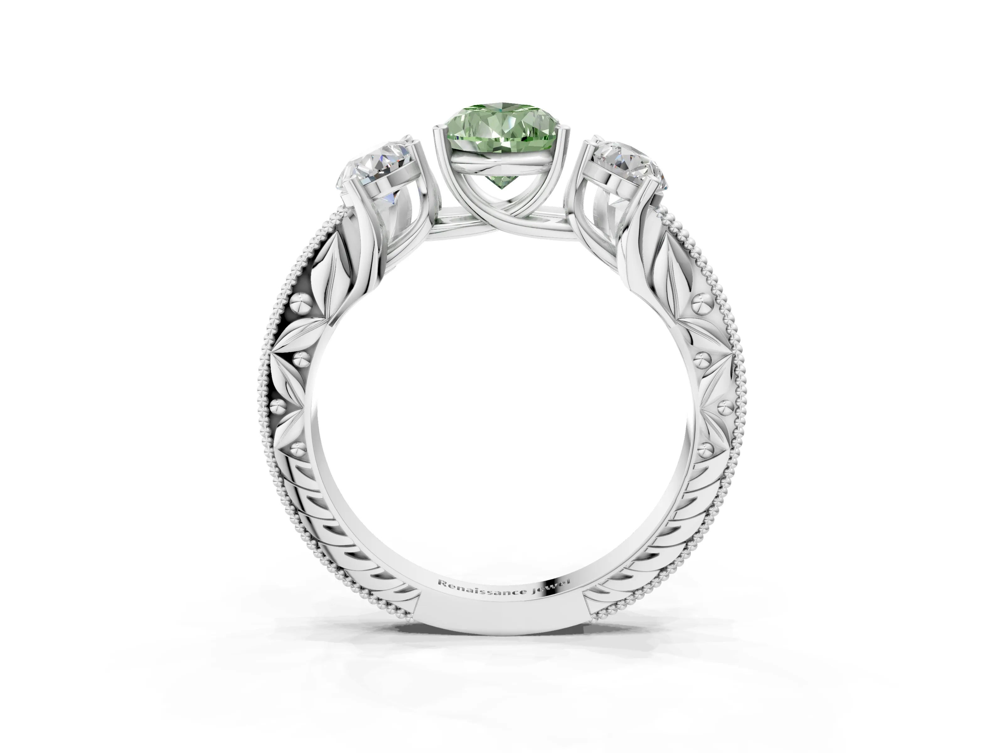White gold Three-Stone Fancy Green Pear Cut Cut Milgrain Pavé Engagement Ring_15