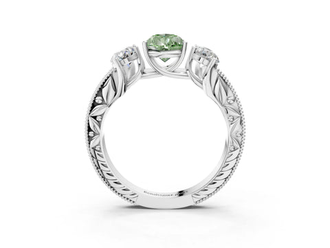 White gold Three-Stone Fancy Green Pear Cut Cut Milgrain Pavé Engagement Ring_15