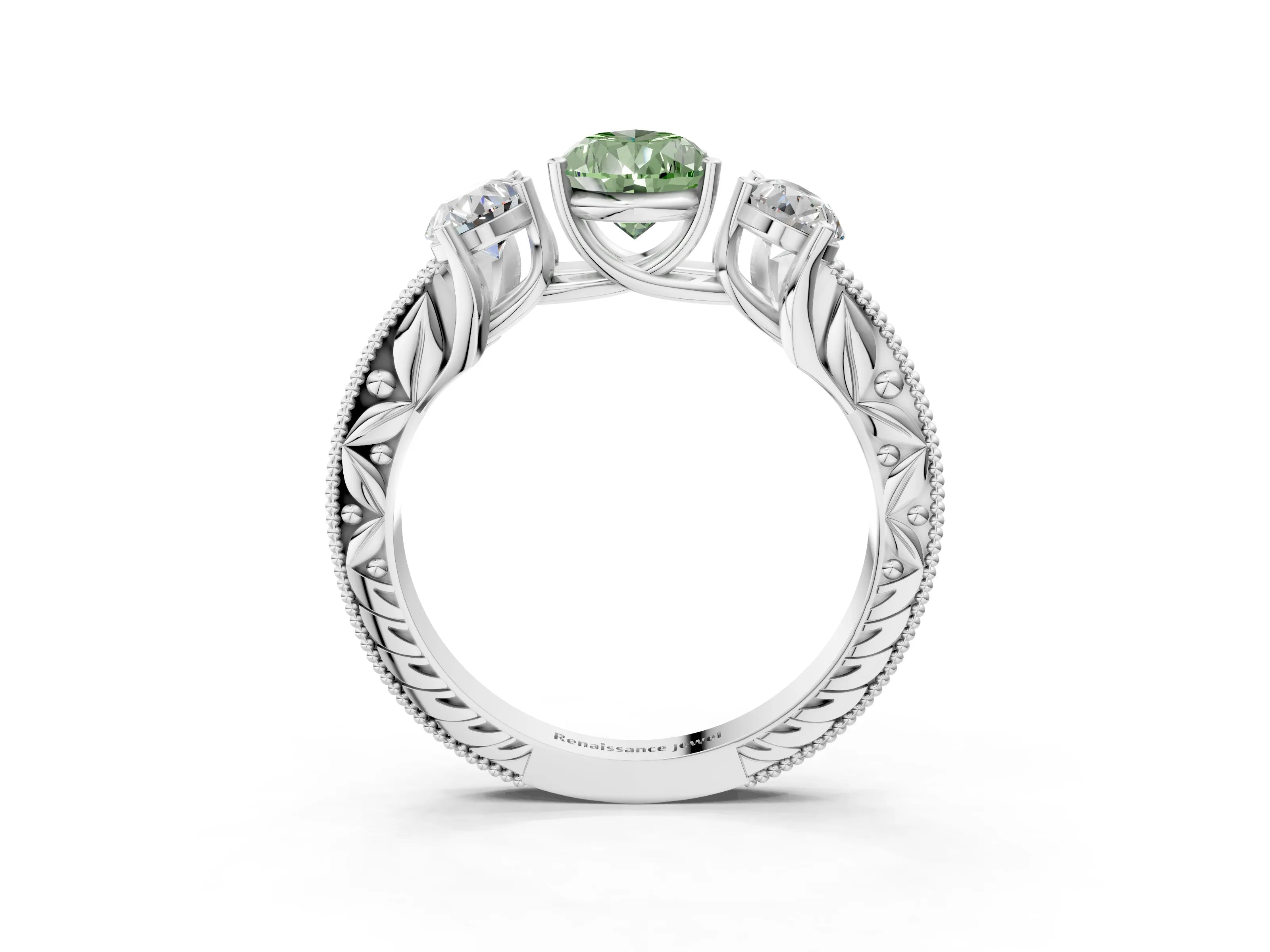 White gold Three-Stone Fancy Green Pear Cut Cut Milgrain Pavé Engagement Ring_15