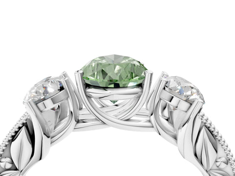 White gold Three-Stone Fancy Green Pear Cut Cut Milgrain Pavé Engagement Ring_16