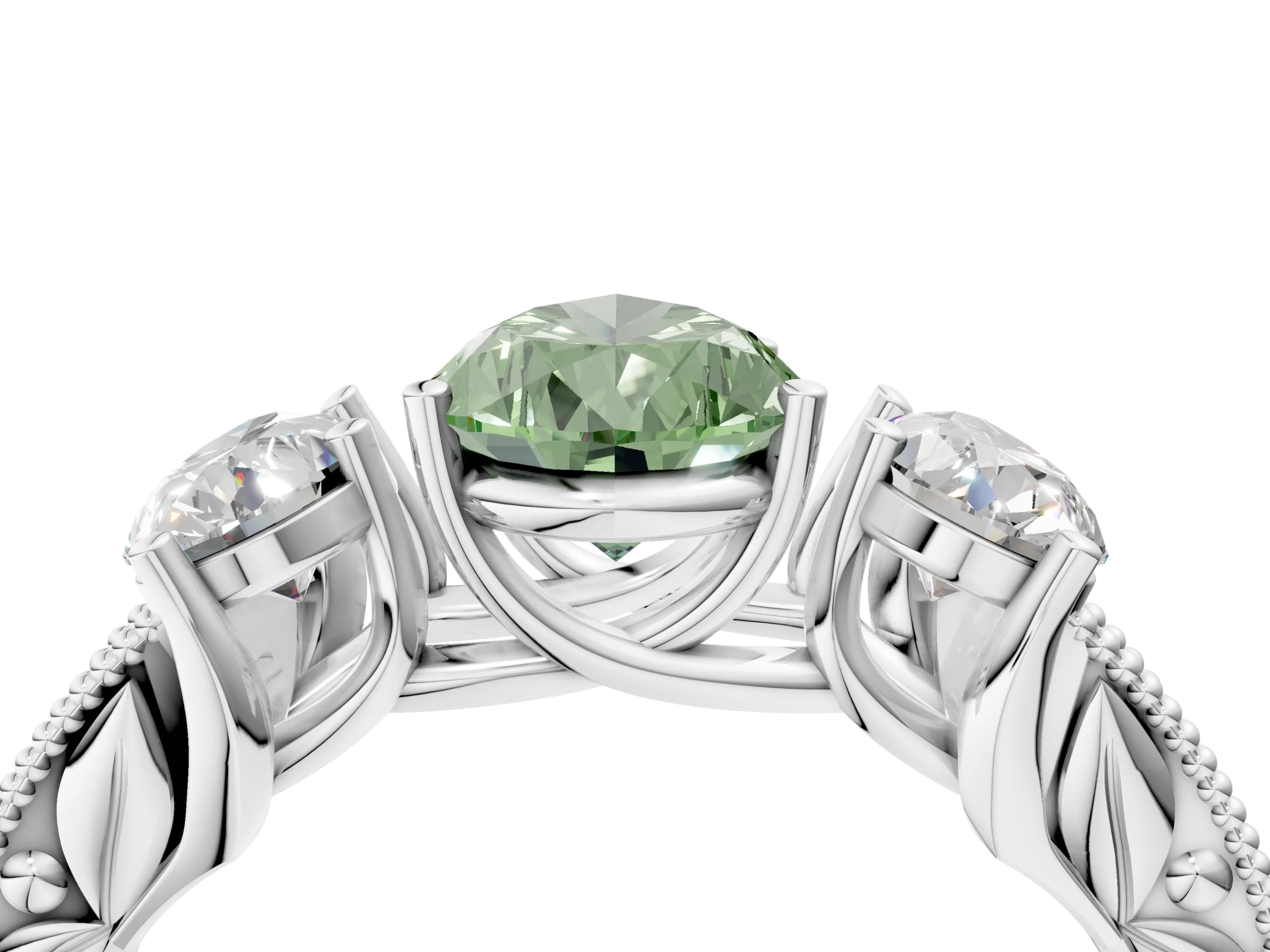 White gold Three-Stone Fancy Green Pear Cut Cut Milgrain Pavé Engagement Ring_16