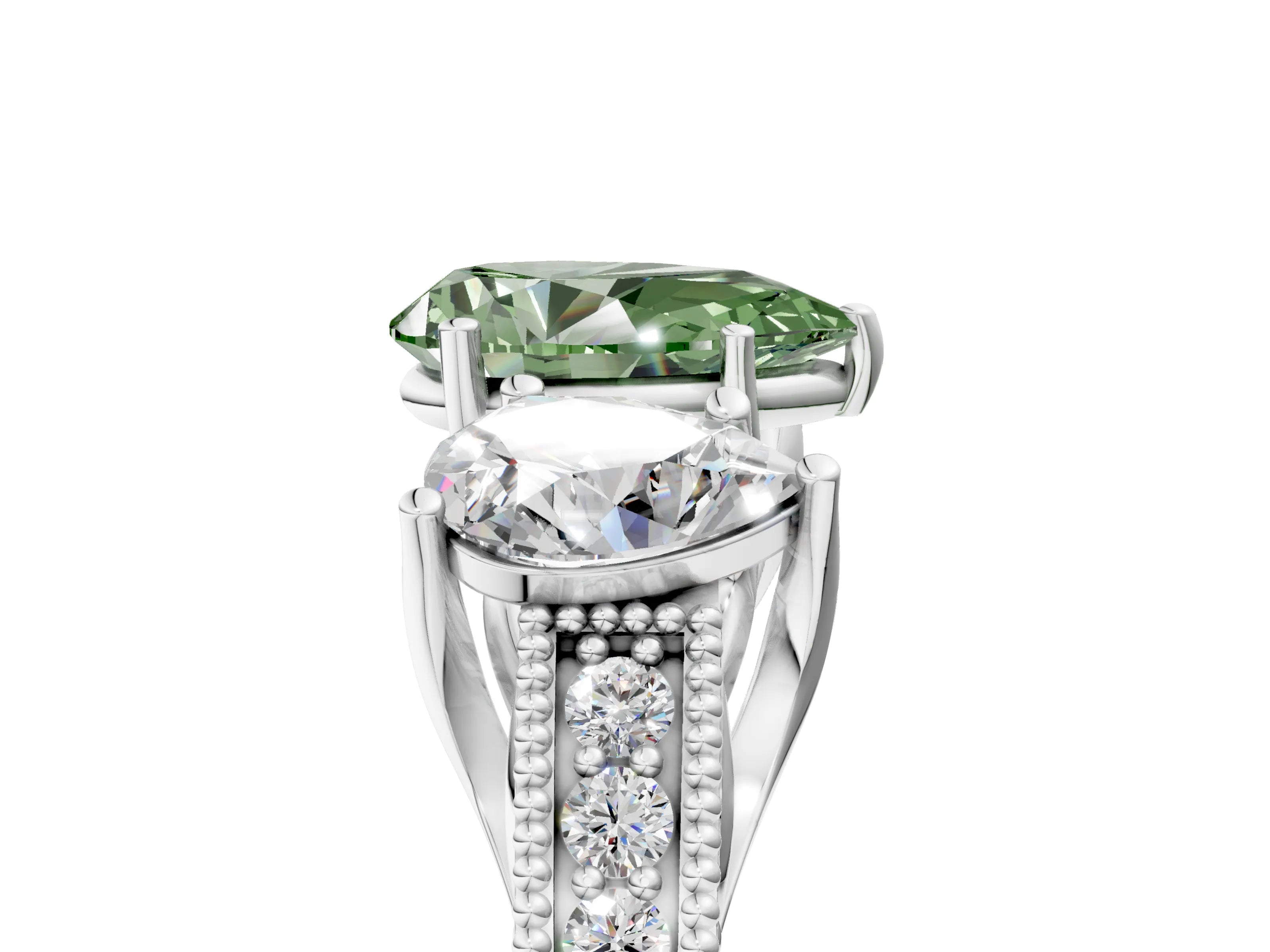 White gold Three-Stone Fancy Green Pear Cut Cut Milgrain Pavé Engagement Ring_17