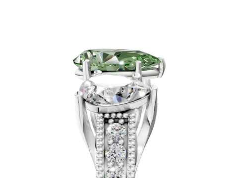 White gold Three-Stone Fancy Green Pear Cut Cut Milgrain Pavé Engagement Ring_17