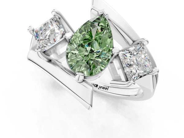 White gold Three-Stone Fancy Green Pear Cut Cut Tension Band Ring with Four-Prong Setting