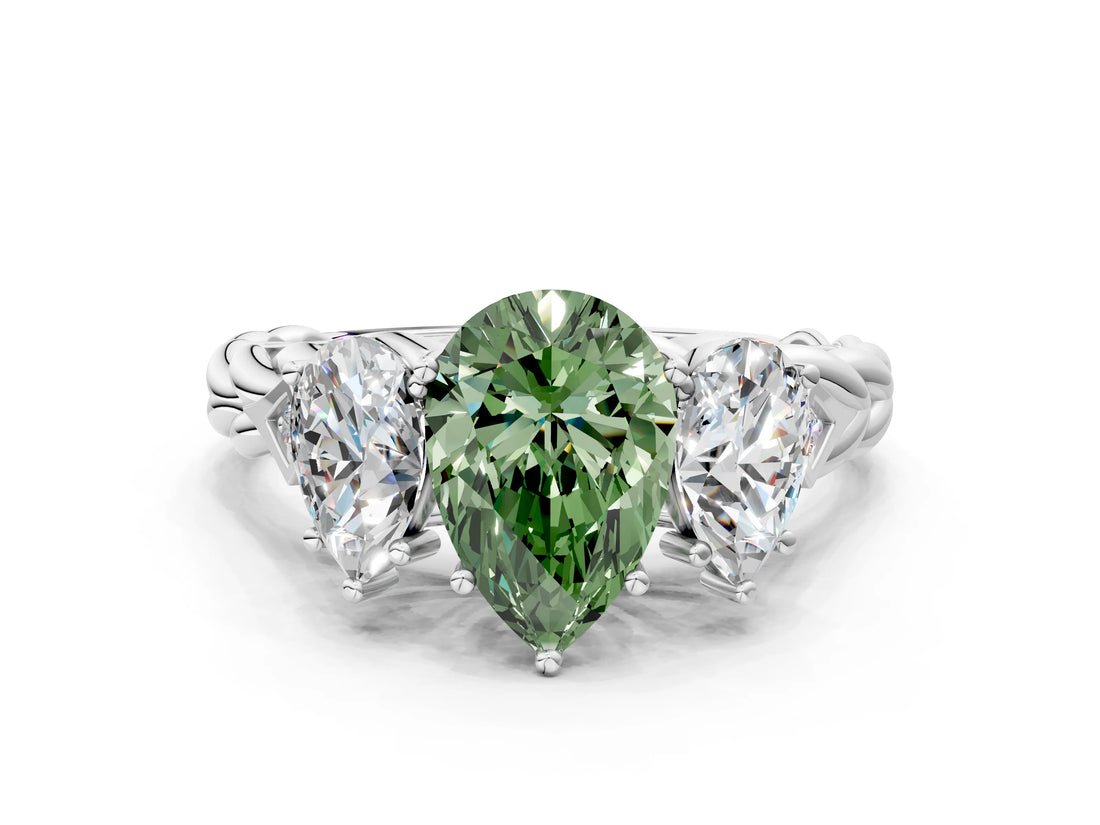 White gold Three-Stone Fancy Green Pear Cut Diamond Braided Band Ring with Four-Prong Setting_20
