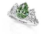 White gold Three-Stone Fancy Green Pear Cut Diamond Braided Band Ring with Four-Prong Setting_41