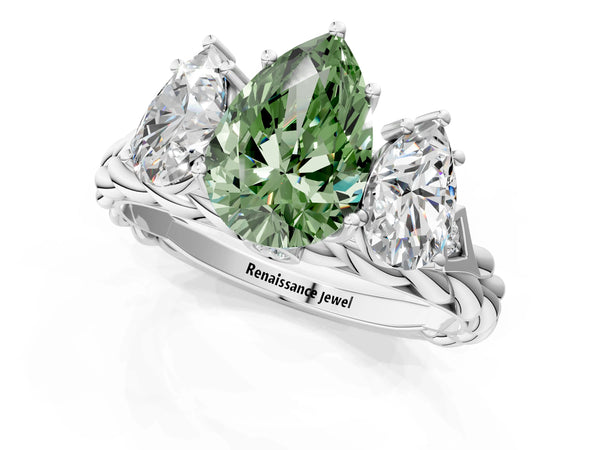 White gold Three-Stone Fancy Green Pear Cut Diamond Braided Band Ring with Four-Prong Setting