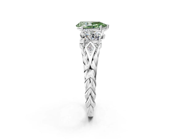 White gold Three-Stone Fancy Green Pear Cut Diamond Braided Band Ring with Four-Prong Setting