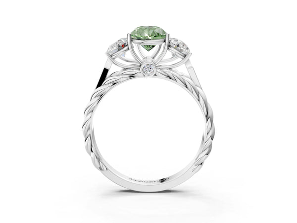 White gold Three-Stone Fancy Green Pear Cut Diamond Braided Band Ring with Four-Prong Setting