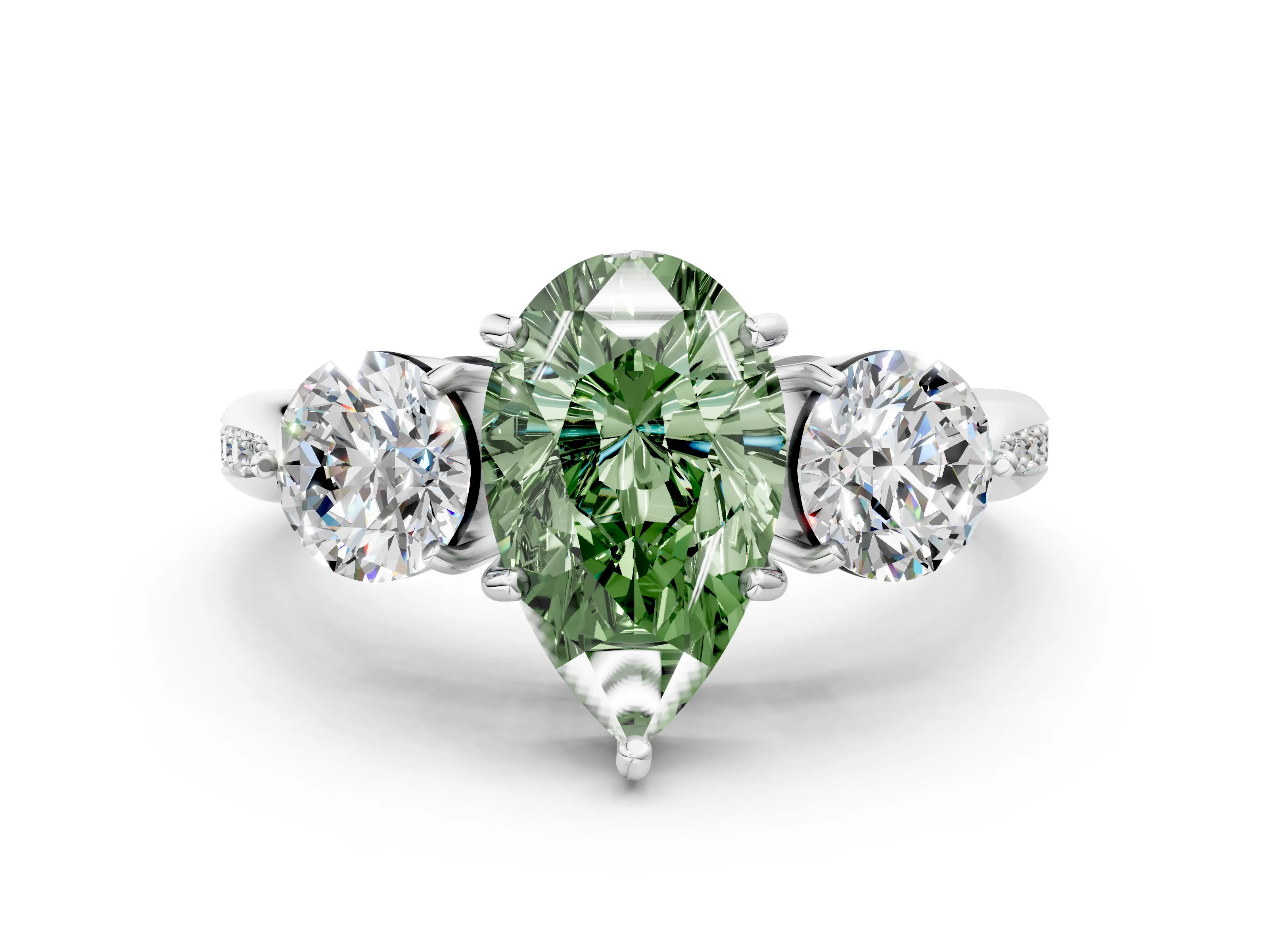 White gold Three-Stone Fancy Green Pear Cut Diamond Channel Set Engagement Ring with Prong Setting_12