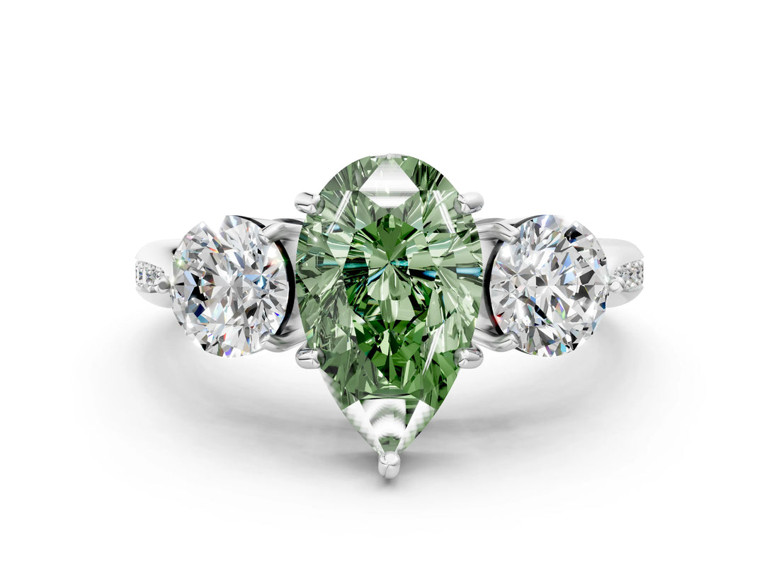 White gold Three-Stone Fancy Green Pear Cut Diamond Channel Set Engagement Ring with Prong Setting_12