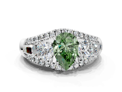 White gold Three-Stone Fancy Green Pear Cut Diamond Engagement Ring with Pave Band and Prong Setting