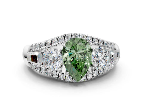 White gold Three-Stone Fancy Green Pear Cut Diamond Engagement Ring with Pave Band and Prong Setting_12
