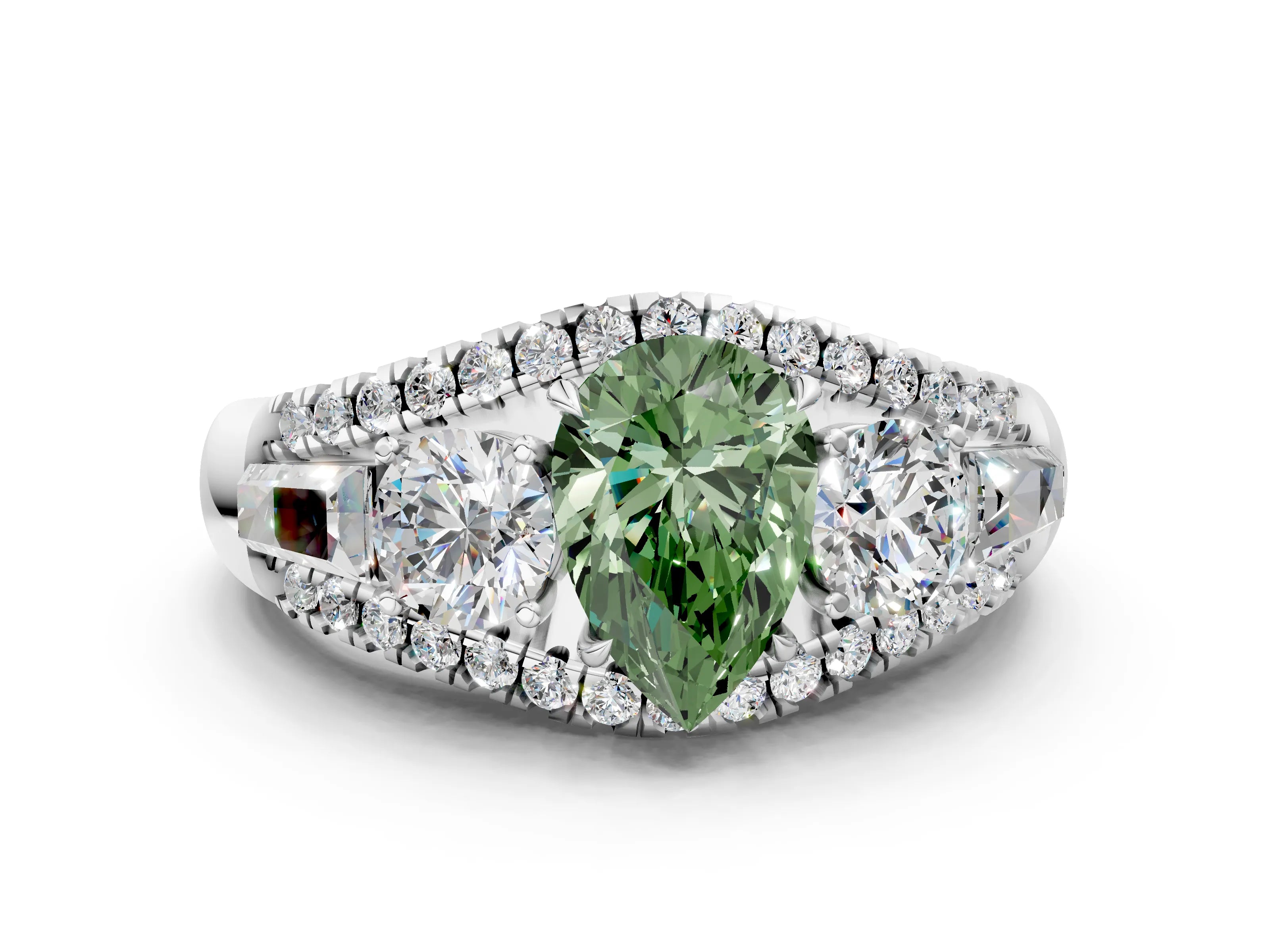 White gold Three-Stone Fancy Green Pear Cut Diamond Engagement Ring with Pave Band and Prong Setting_12