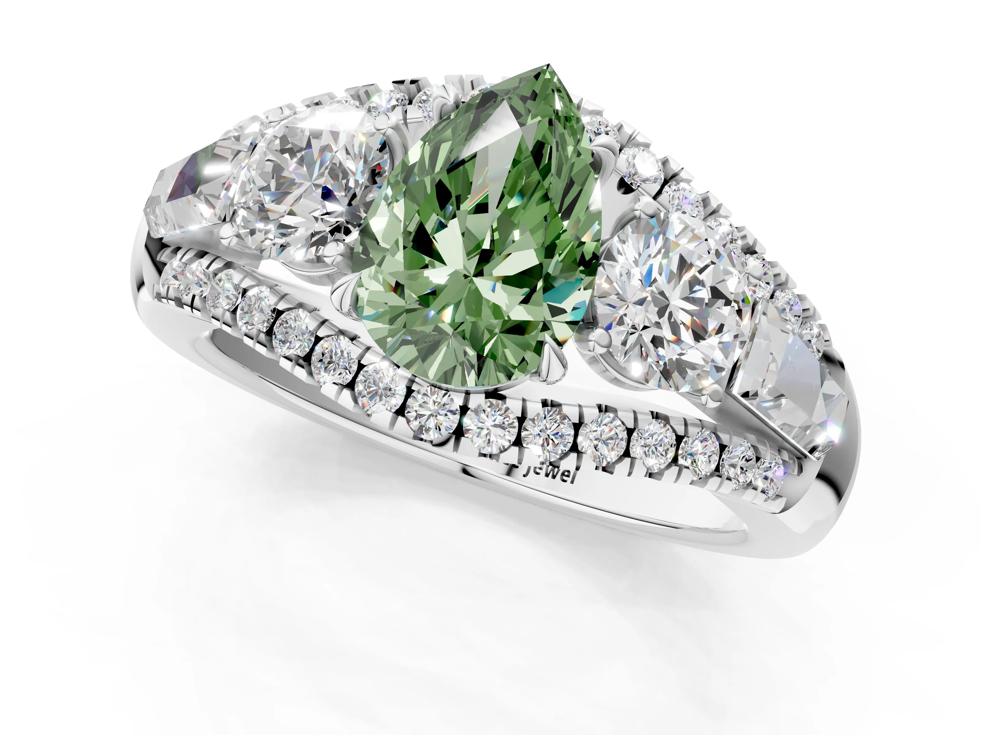 White gold Three-Stone Fancy Green Pear Cut Diamond Engagement Ring with Pave Band and Prong Setting_13