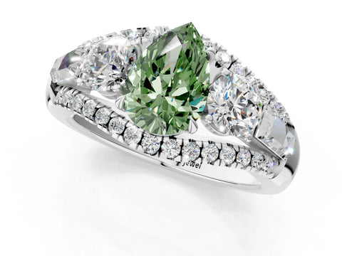 White gold Three-Stone Fancy Green Pear Cut Diamond Engagement Ring with Pave Band and Prong Setting_13