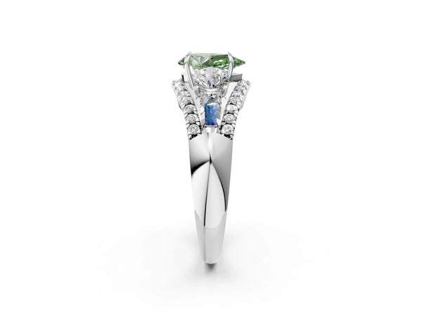 Platinum Three-Stone Fancy Green Pear Cut Diamond Engagement Ring with Pave Band and Prong Setting
