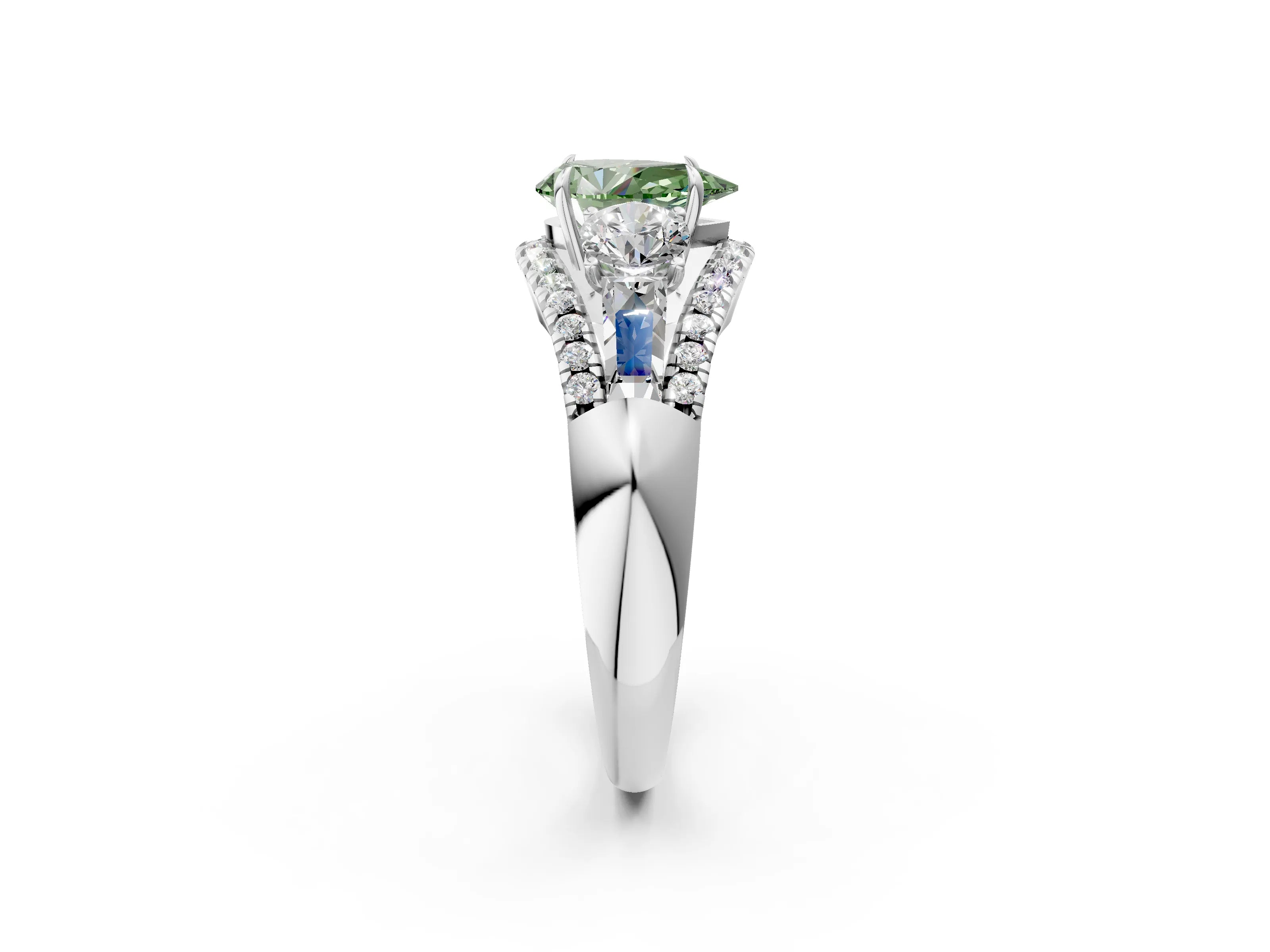 White gold Three-Stone Fancy Green Pear Cut Diamond Engagement Ring with Pave Band and Prong Setting_14