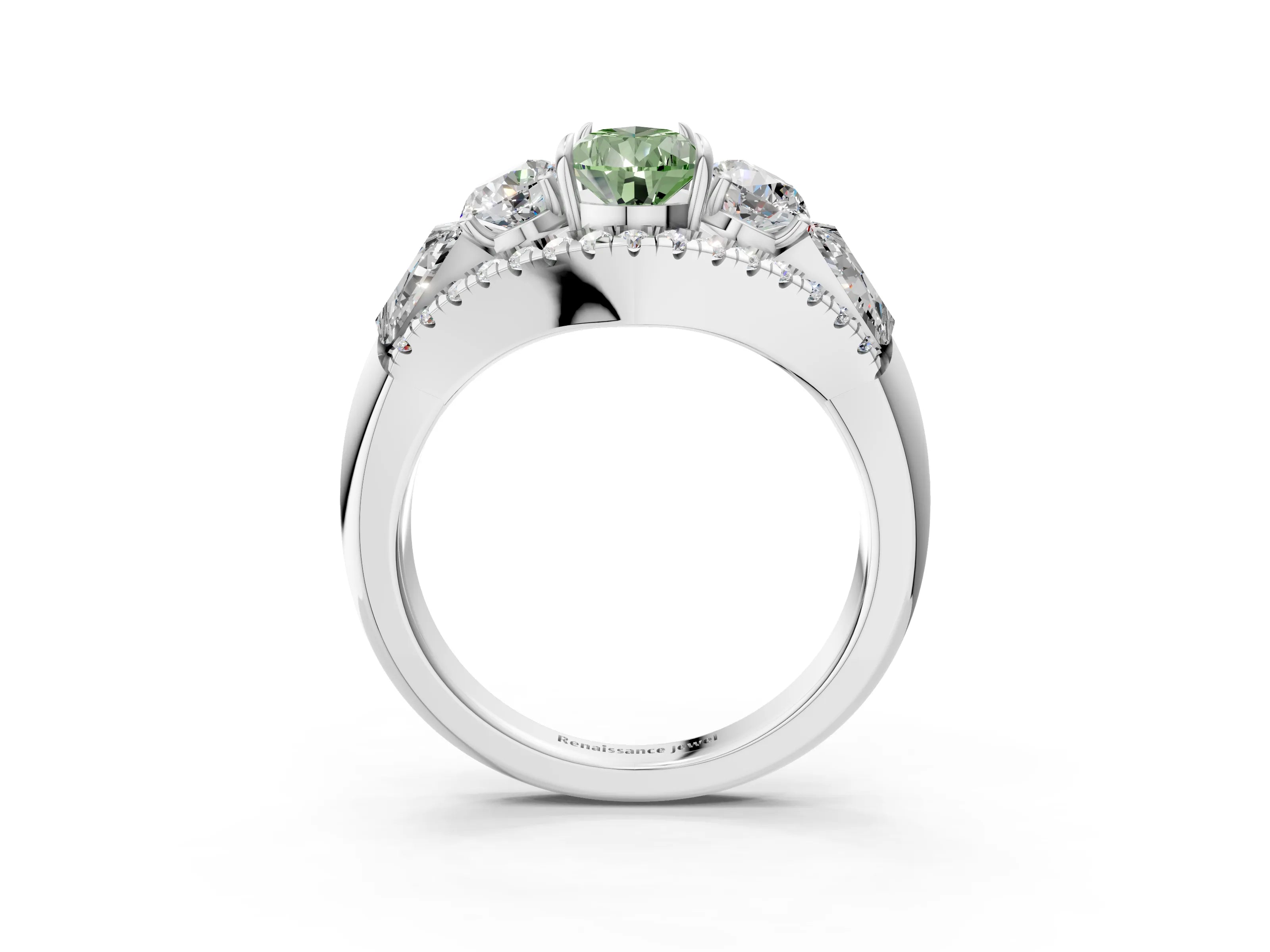 White gold Three-Stone Fancy Green Pear Cut Diamond Engagement Ring with Pave Band and Prong Setting_15