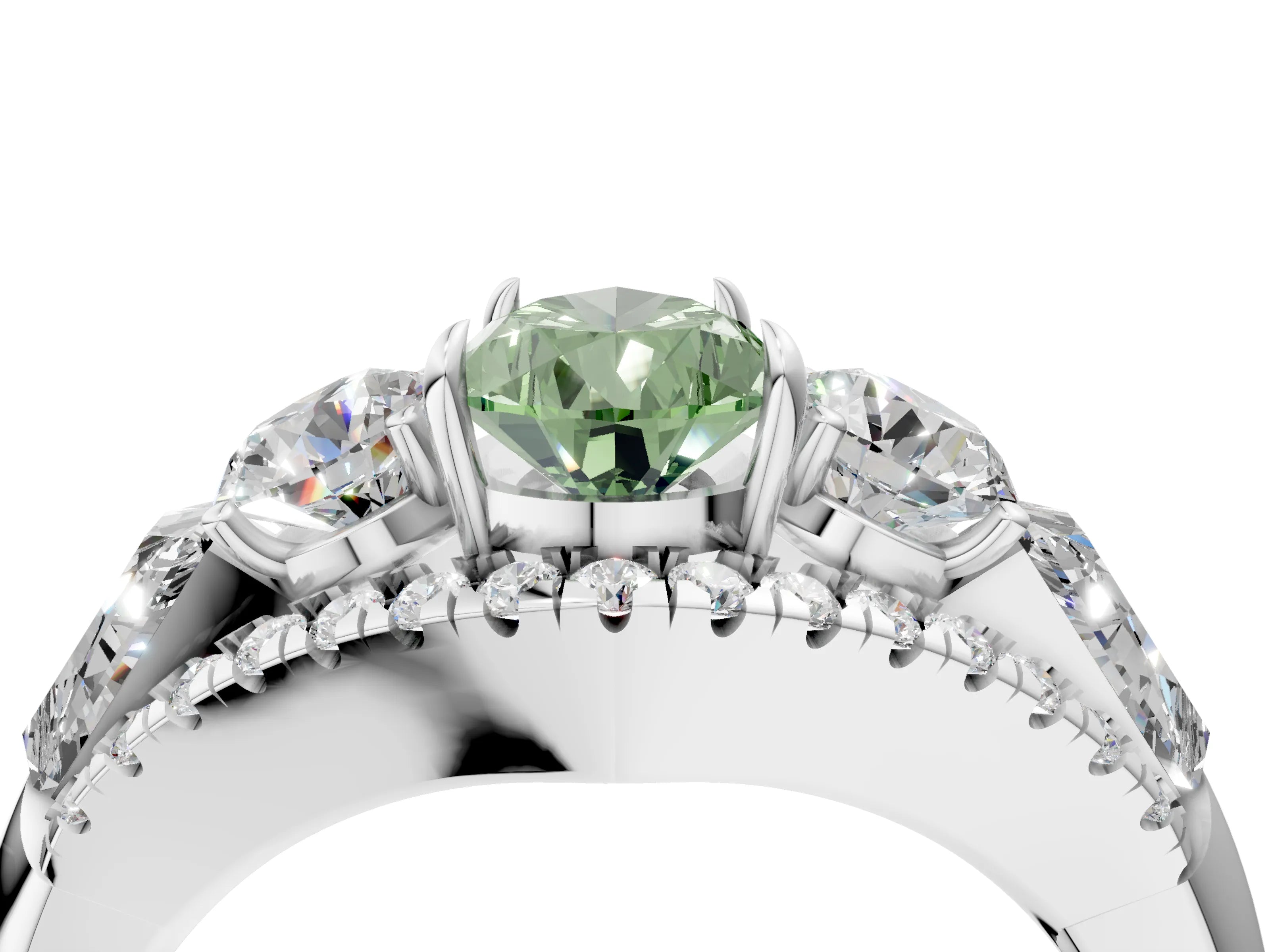 White gold Three-Stone Fancy Green Pear Cut Diamond Engagement Ring with Pave Band and Prong Setting_16