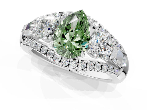 White gold Three-Stone Fancy Green Pear Cut Diamond Engagement Ring with Pave Band and Prong Setting_1