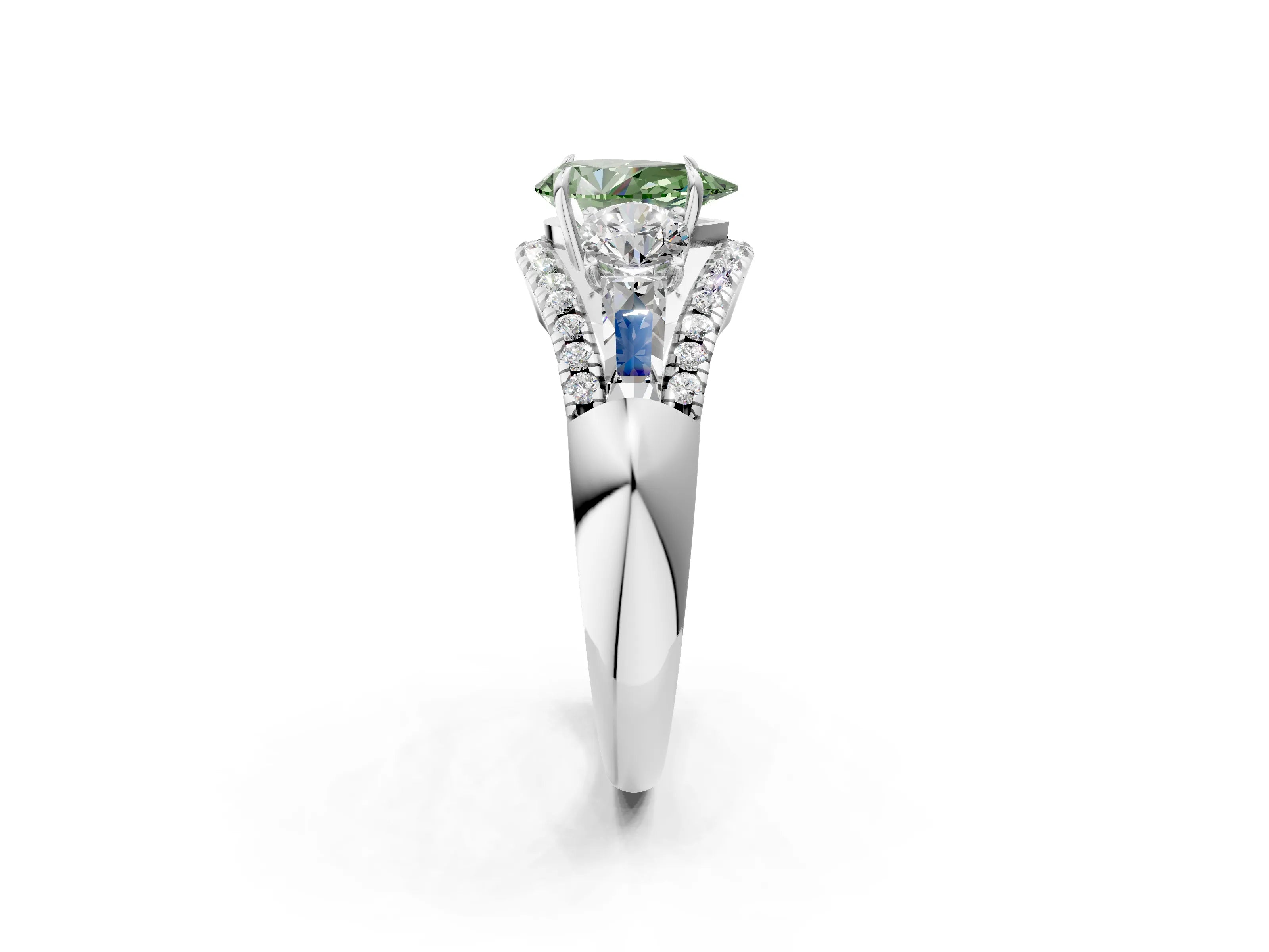 White gold Three-Stone Fancy Green Pear Cut Diamond Engagement Ring with Pave Band and Prong Setting_2