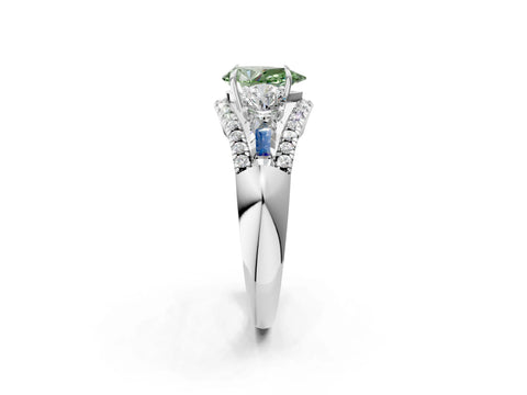 White gold Three-Stone Fancy Green Pear Cut Diamond Engagement Ring with Pave Band and Prong Setting_2