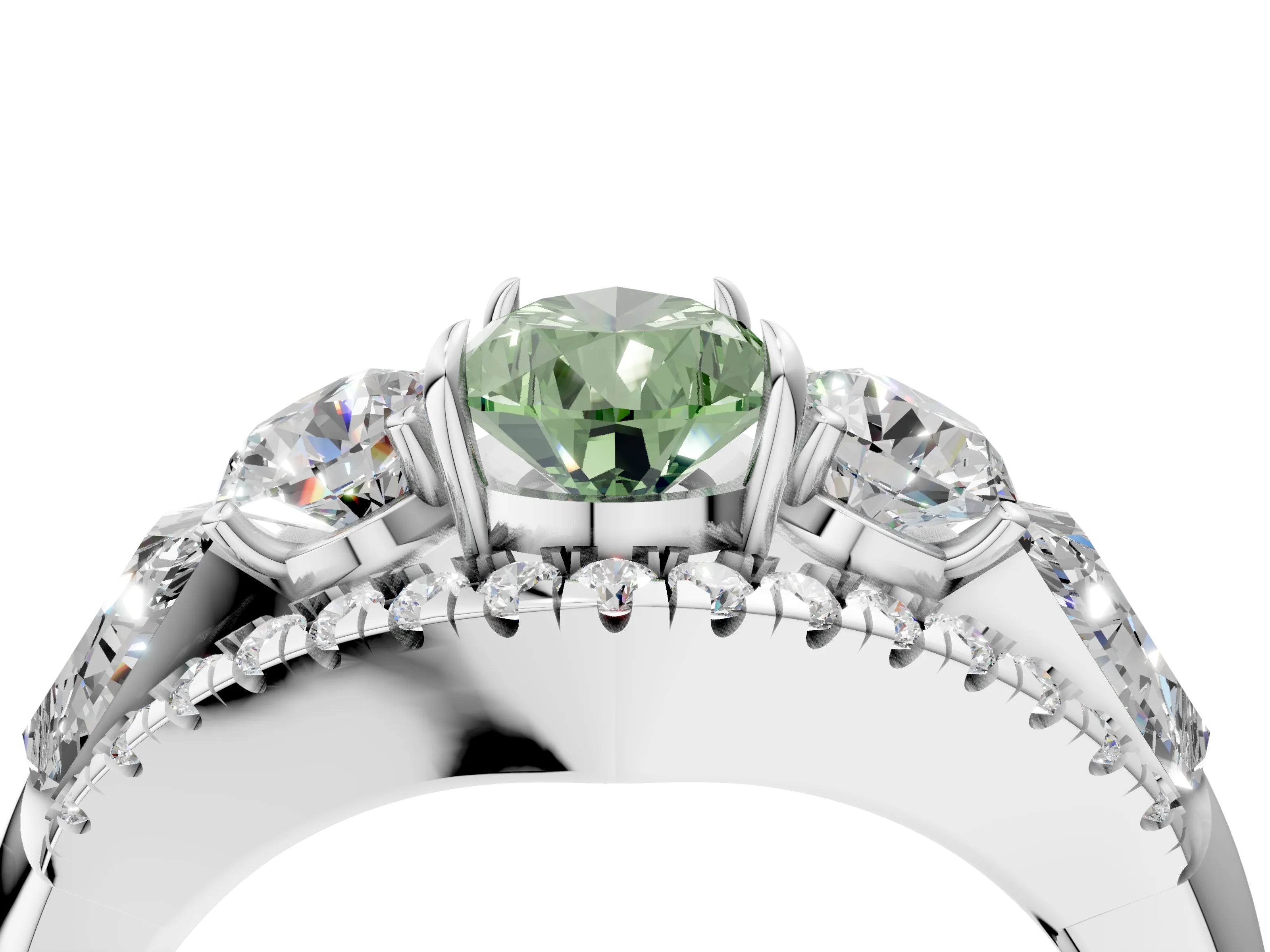 White gold Three-Stone Fancy Green Pear Cut Diamond Engagement Ring with Pave Band and Prong Setting_4