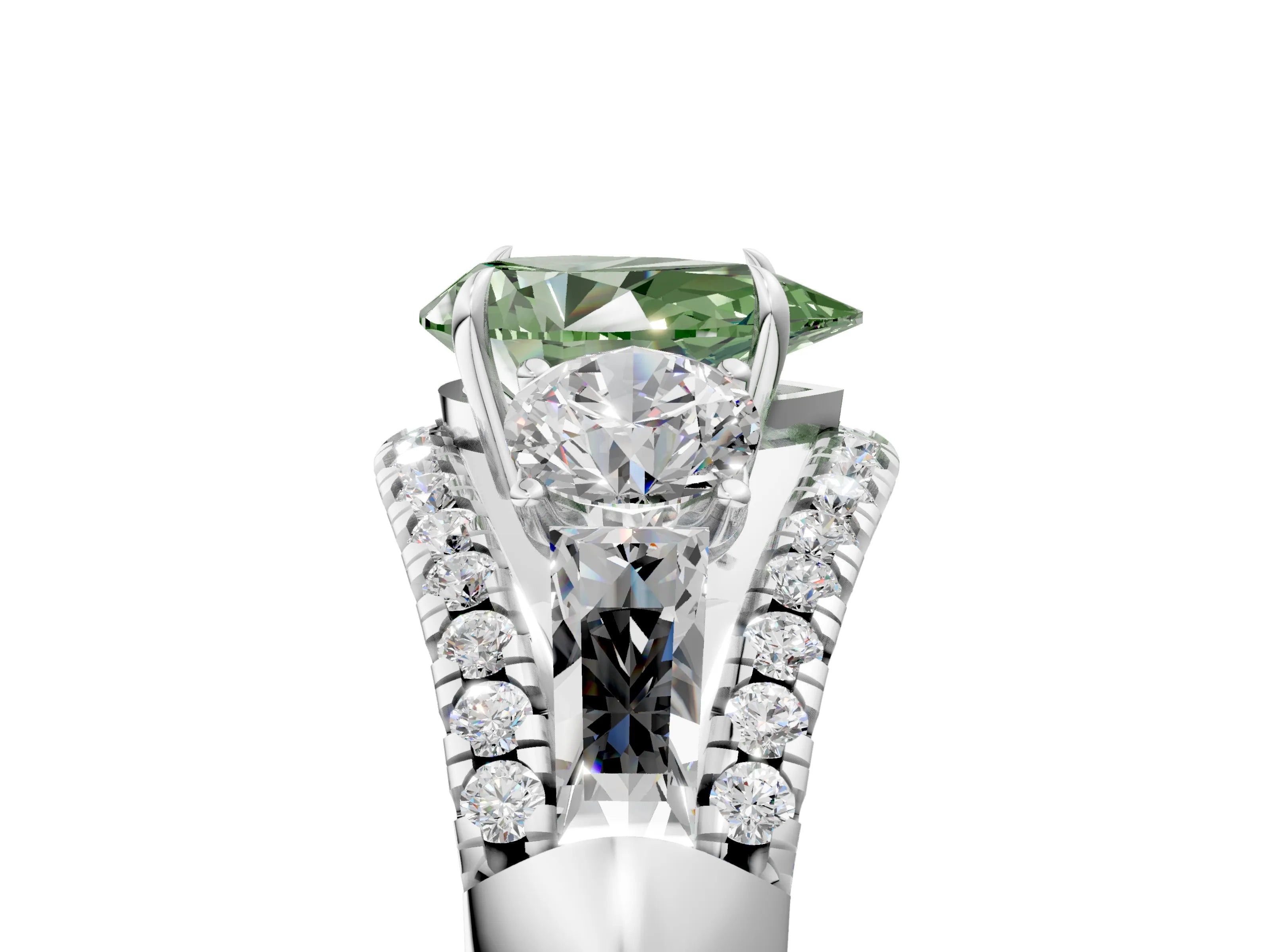 White gold Three-Stone Fancy Green Pear Cut Diamond Engagement Ring with Pave Band and Prong Setting_5