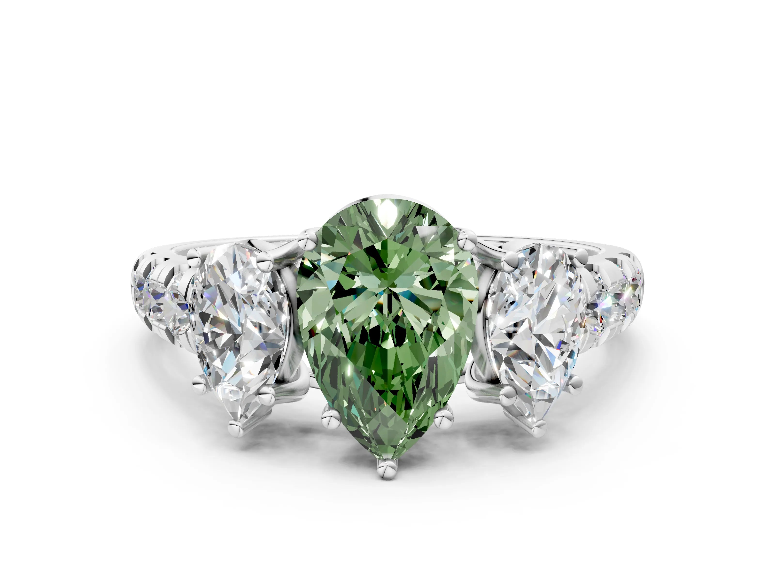 White gold Three-Stone Fancy Green Pear Cut Diamond Pavé Band with Prong Setting_12
